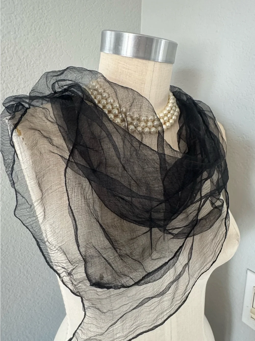 Sheer Black Vintage Scarf 26” Square